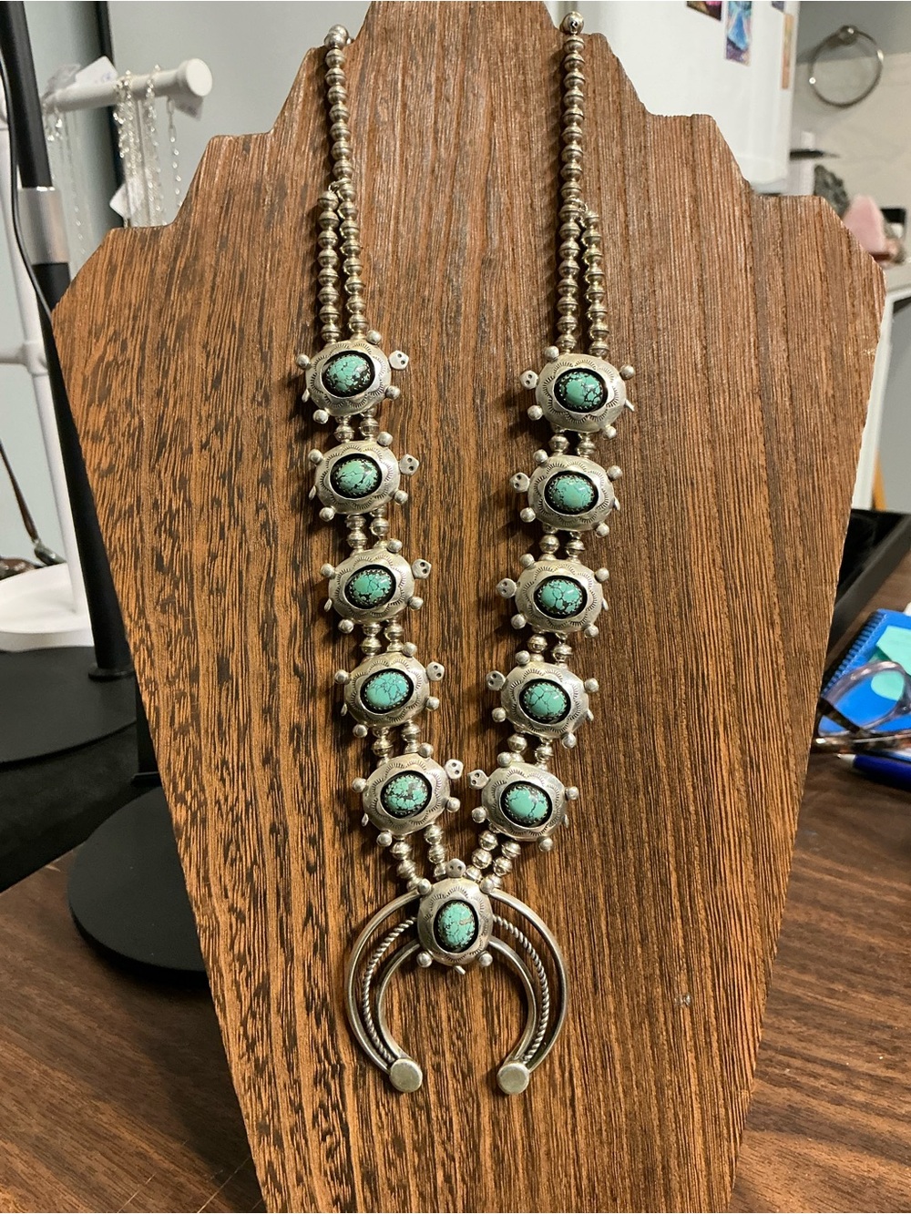 Turquoise Stone Turtle Squash Naja/Blossom Necklace Unsigned